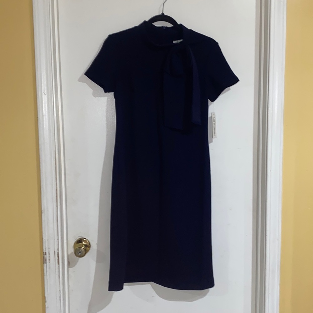 Navy neck bow dress short sleeve